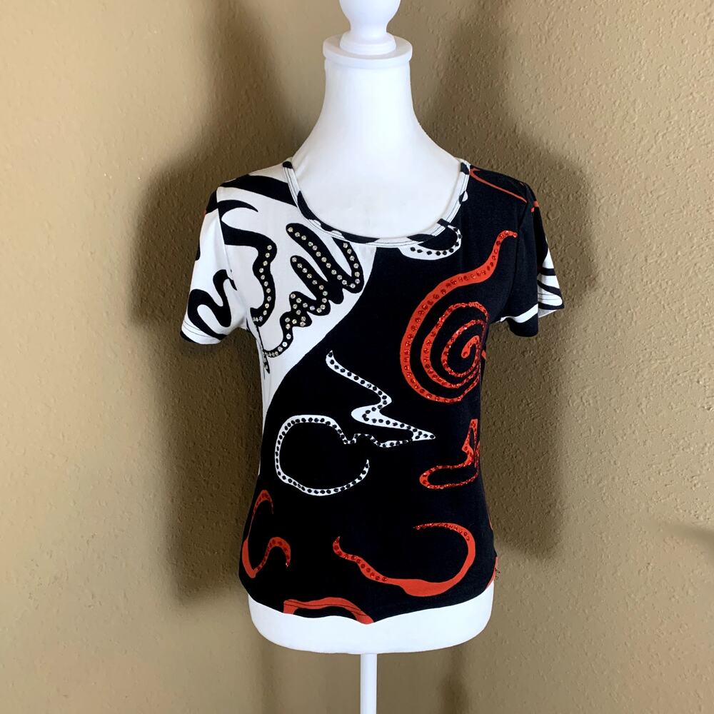 Take Two Abstract Art Print Top Petite Small PS Black Red White Rhinestone Tee
